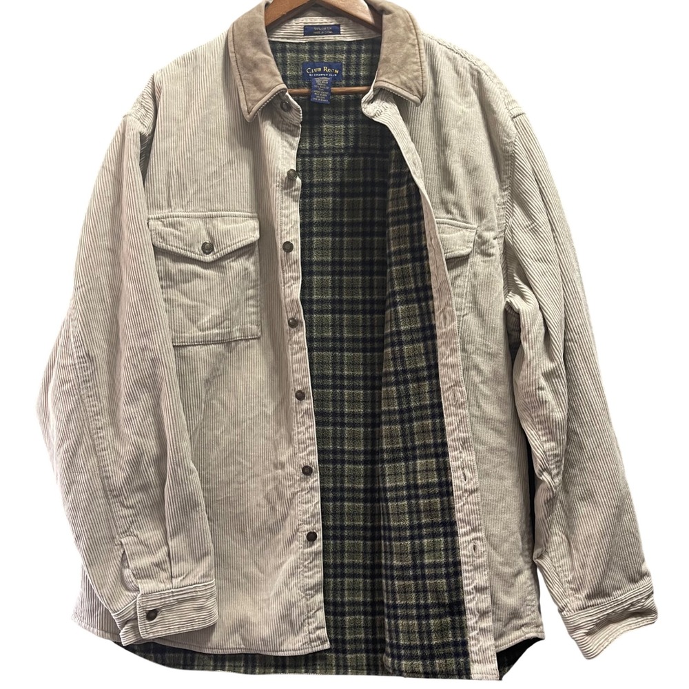 Club Room Corduroy Shirt Jacket Mens XL Beige Plaid Lined Flannel Shacket Cabin